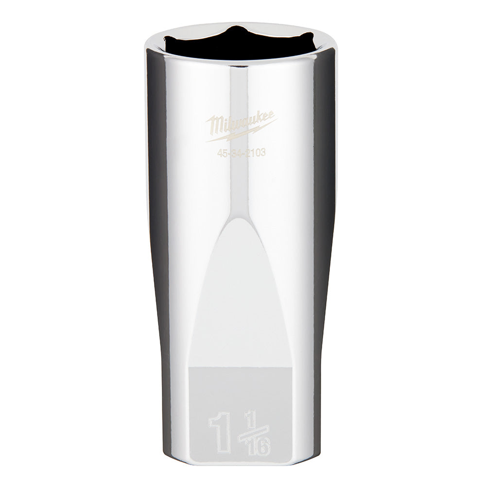 Chrome deep socket with 1/2" drive and 1-1/16" opening, Milwaukee branded.