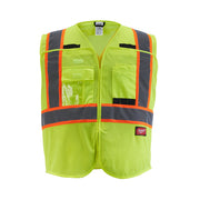 Yellow mesh safety vest with reflective silver and orange striping, front pockets, and breakaway design.