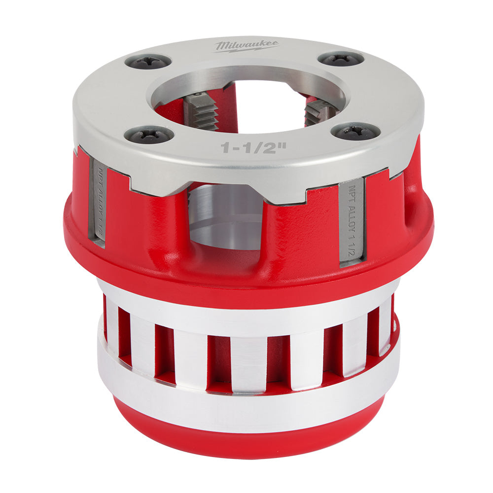 Milwaukee 1-1/2" pipe threading die head with red and aluminum construction, four mounting holes, and internal cutting dies v