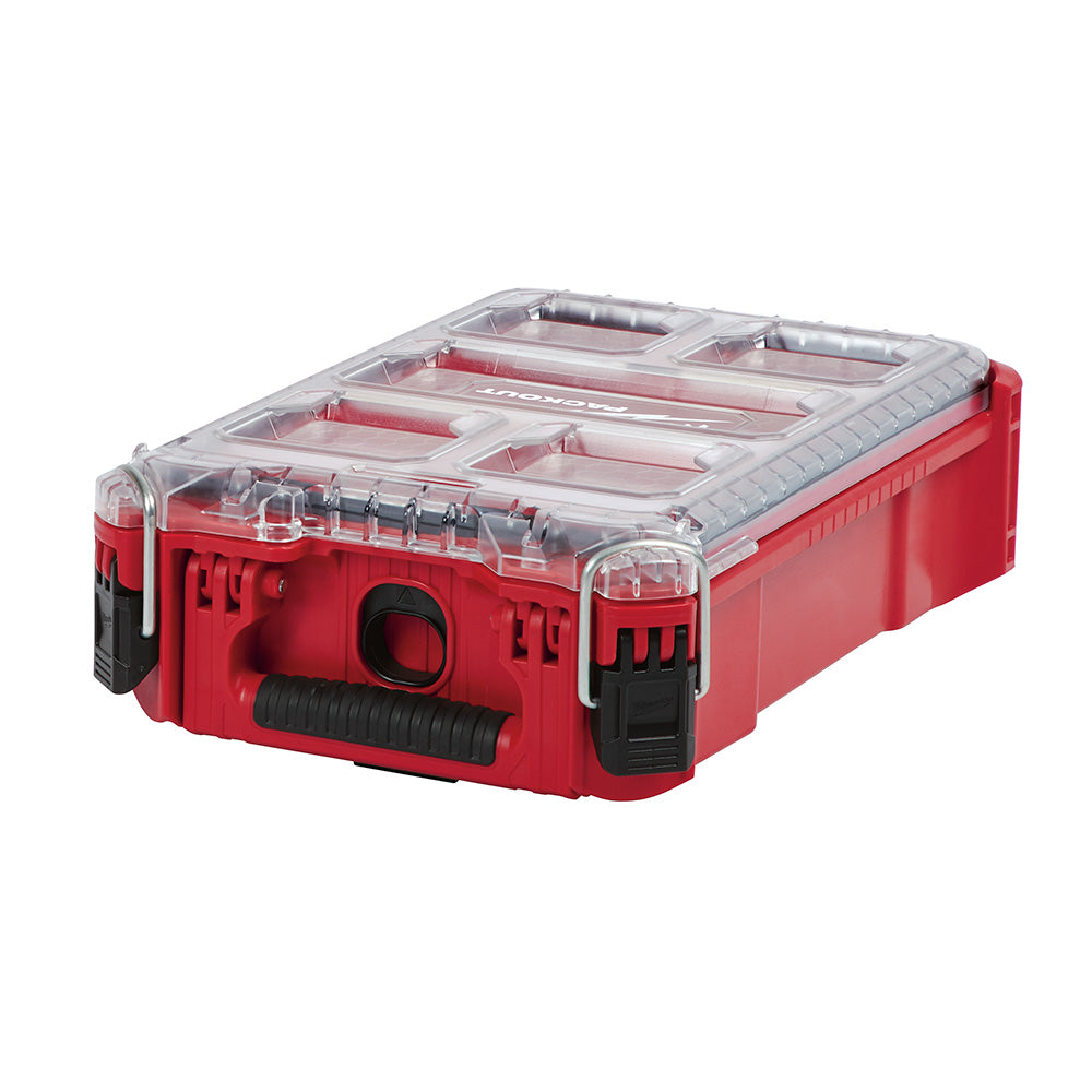 Red and black plastic organizer box with clear hinged lid, multiple compartments, and carry handle.