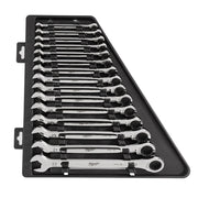 Fifteen metric ratcheting combination wrenches arranged in black storage case with handle.