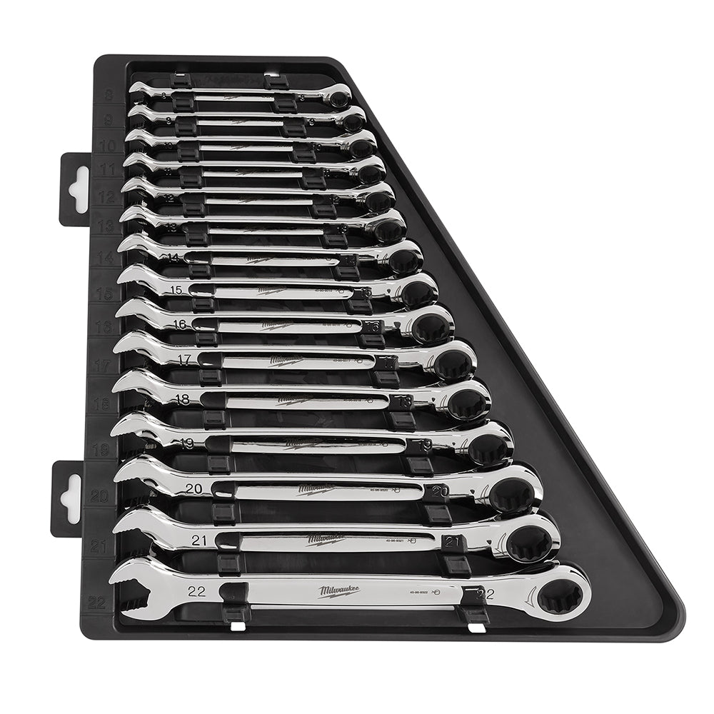 Fifteen metric ratcheting combination wrenches arranged in black storage case with handle.