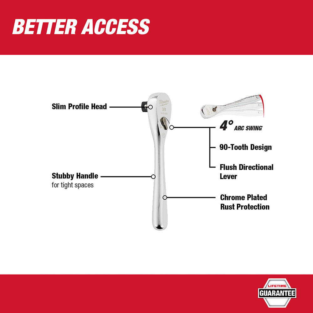 Chrome-plated 3/8" drive ratchet with slim profile head, 4° arc swing, 90-tooth design, and stubby handle for tight spaces.