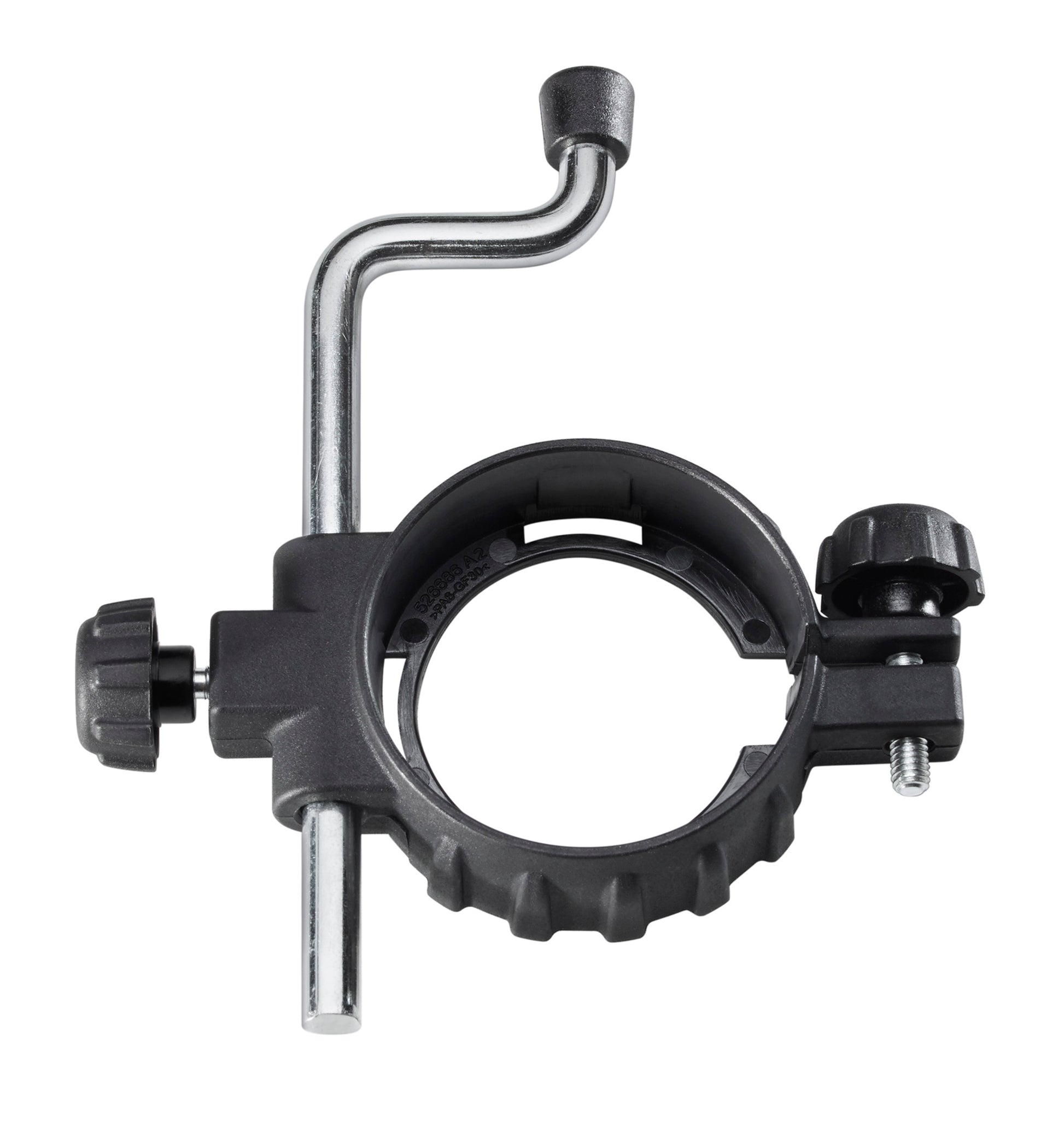 Black and gray metal depth stop accessory with circular clamp, adjustment knobs, and curved guide arm for Milwaukee M18 multi