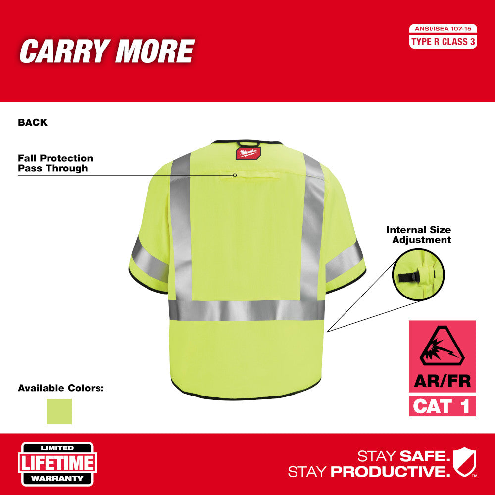 High-visibility yellow safety vest with reflective silver stripes, short sleeves, and internal size adjustment feature.