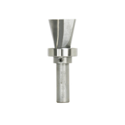 Stainless steel router bit with flared cutting head and cylindrical shank with metal collar and set screw.