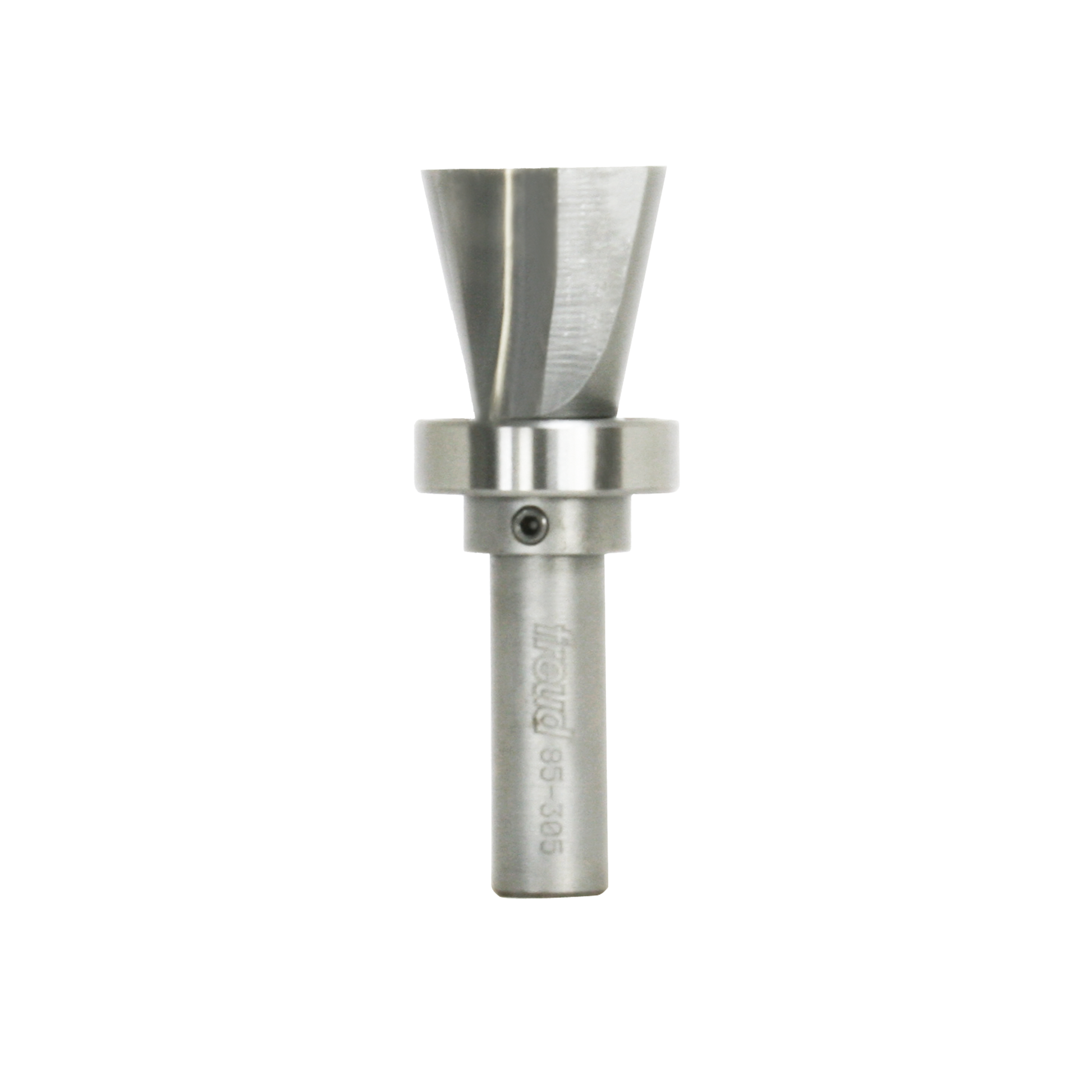 Stainless steel router bit with flared cutting head and cylindrical shank with metal collar and set screw.