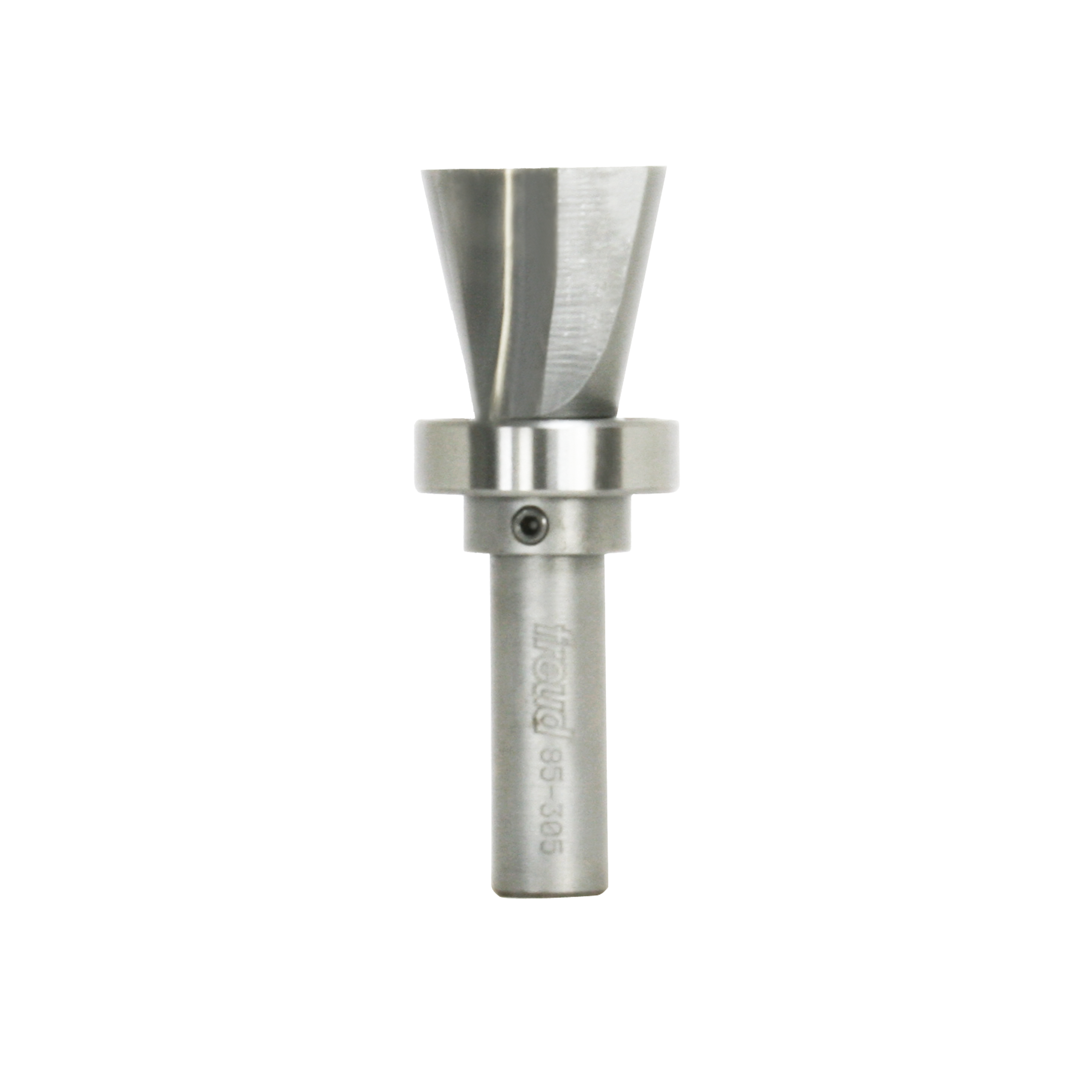 Stainless steel router bit with flared cutting head and cylindrical shank with metal collar and set screw.