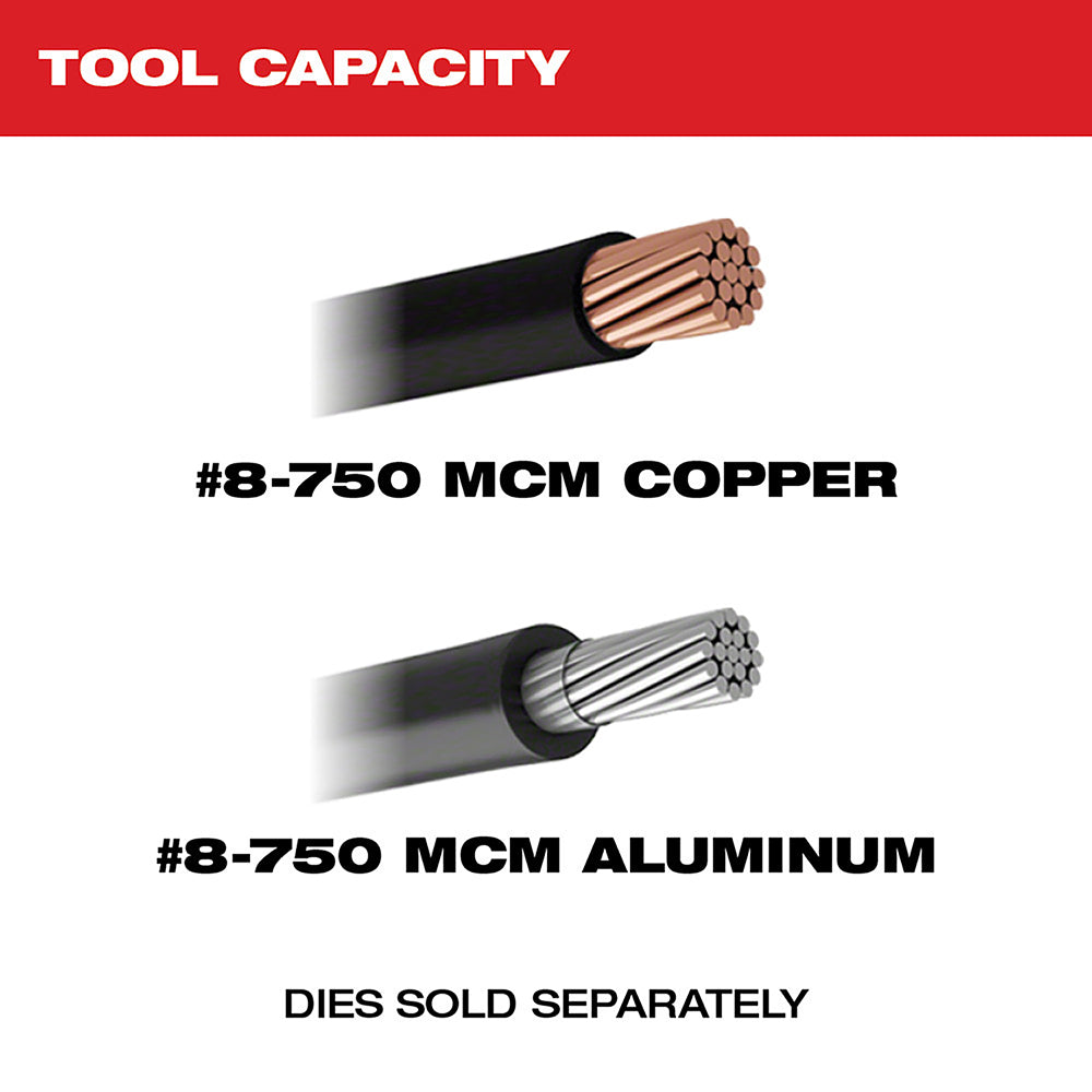 #8-750 MCM copper and aluminum wire cross-sections showing tool capacity specifications.