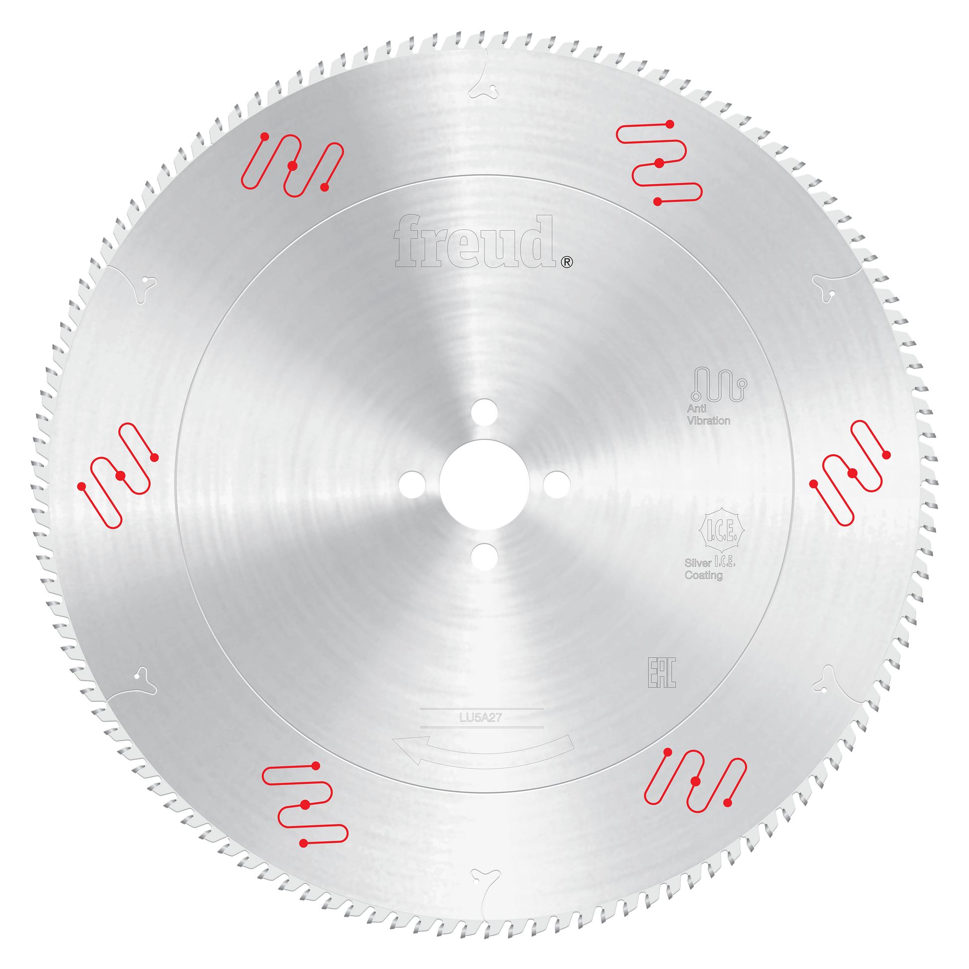 Freud LU5A27 500mm circular saw blade with silver coating, fine teeth around perimeter, and red clamping symbols around edge.