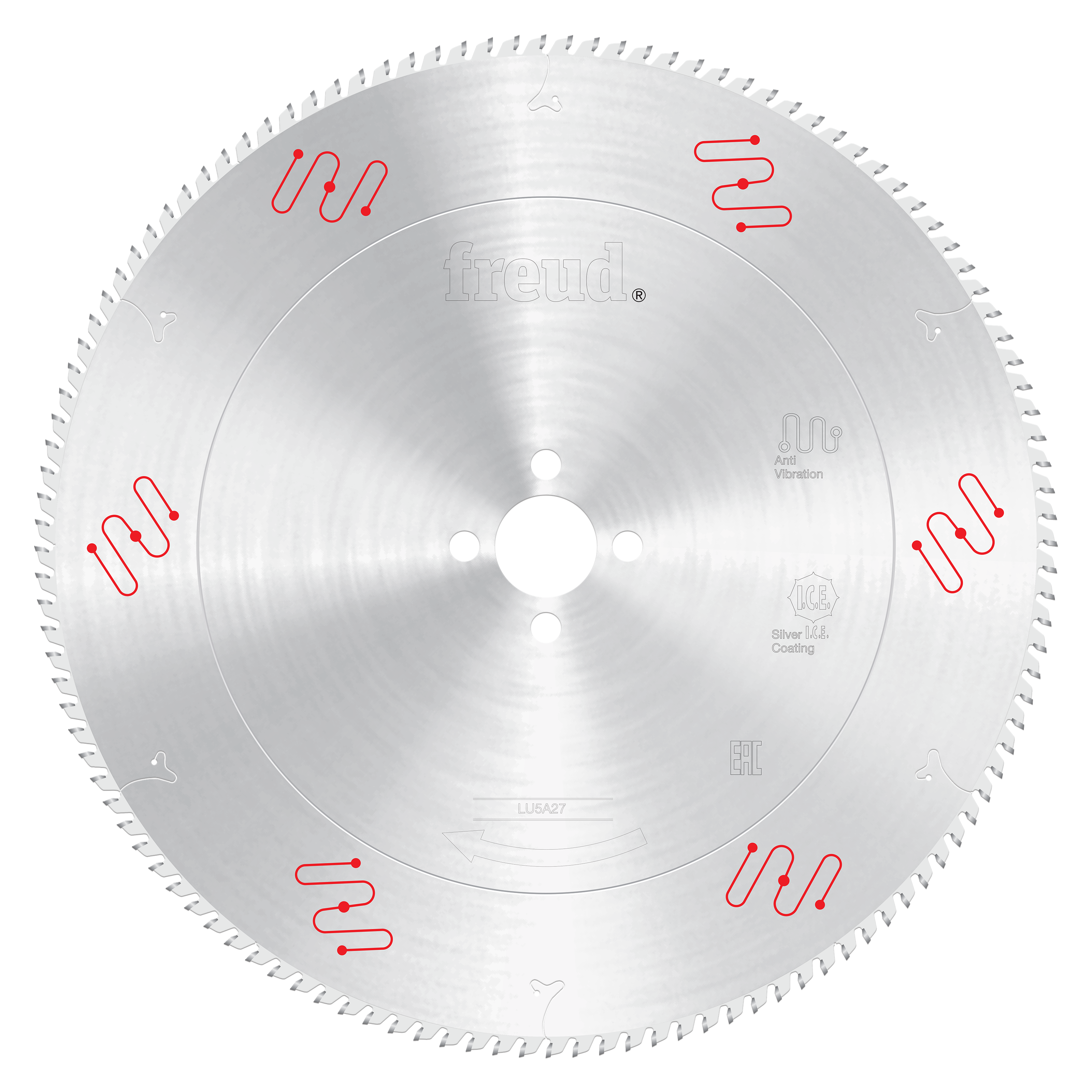 Freud LU5A27 500mm circular saw blade with silver coating, fine teeth around perimeter, and red clamping symbols around edge.