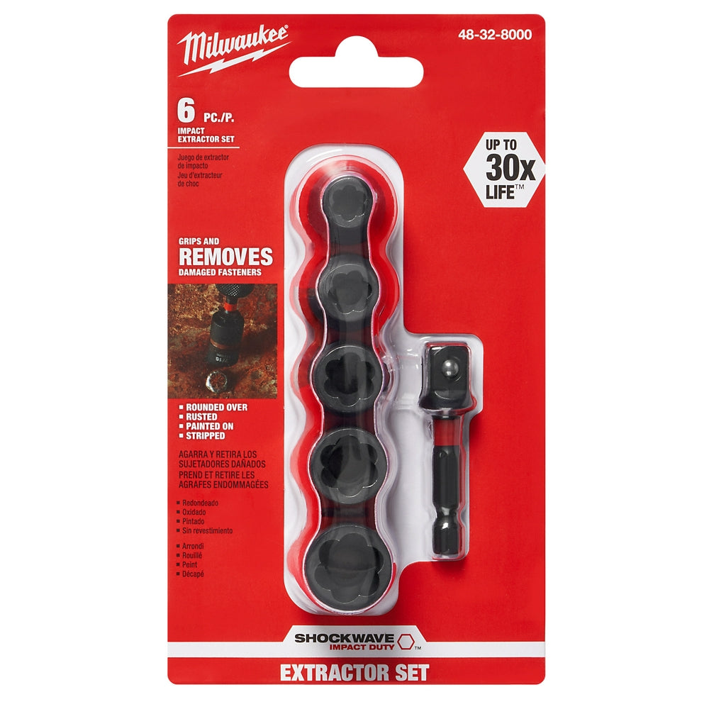 Milwaukee Shockwave Impact Extractor Set with five black impact sockets and one driver bit on red packaging card.