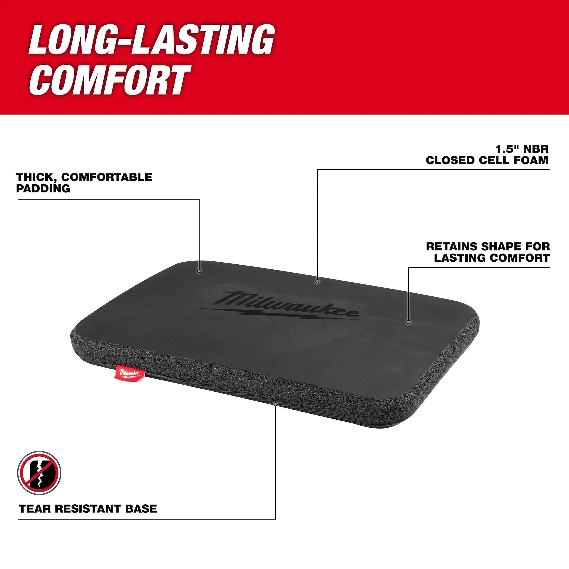 Black Milwaukee kneeling pad with 1.5" closed cell foam padding and tear-resistant base.