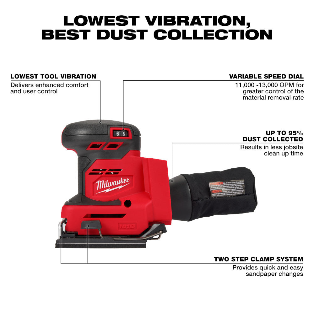 Red and black Milwaukee M18 orbital 1/4 sheet sander with variable speed dial and attached dust collection bag.