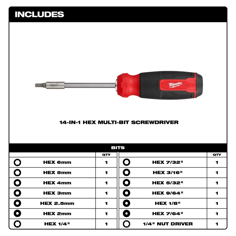 Red and black Milwaukee multi-bit screwdriver with hex bits ranging from 2mm to 7/32 inches and 1/4-inch nut driver.