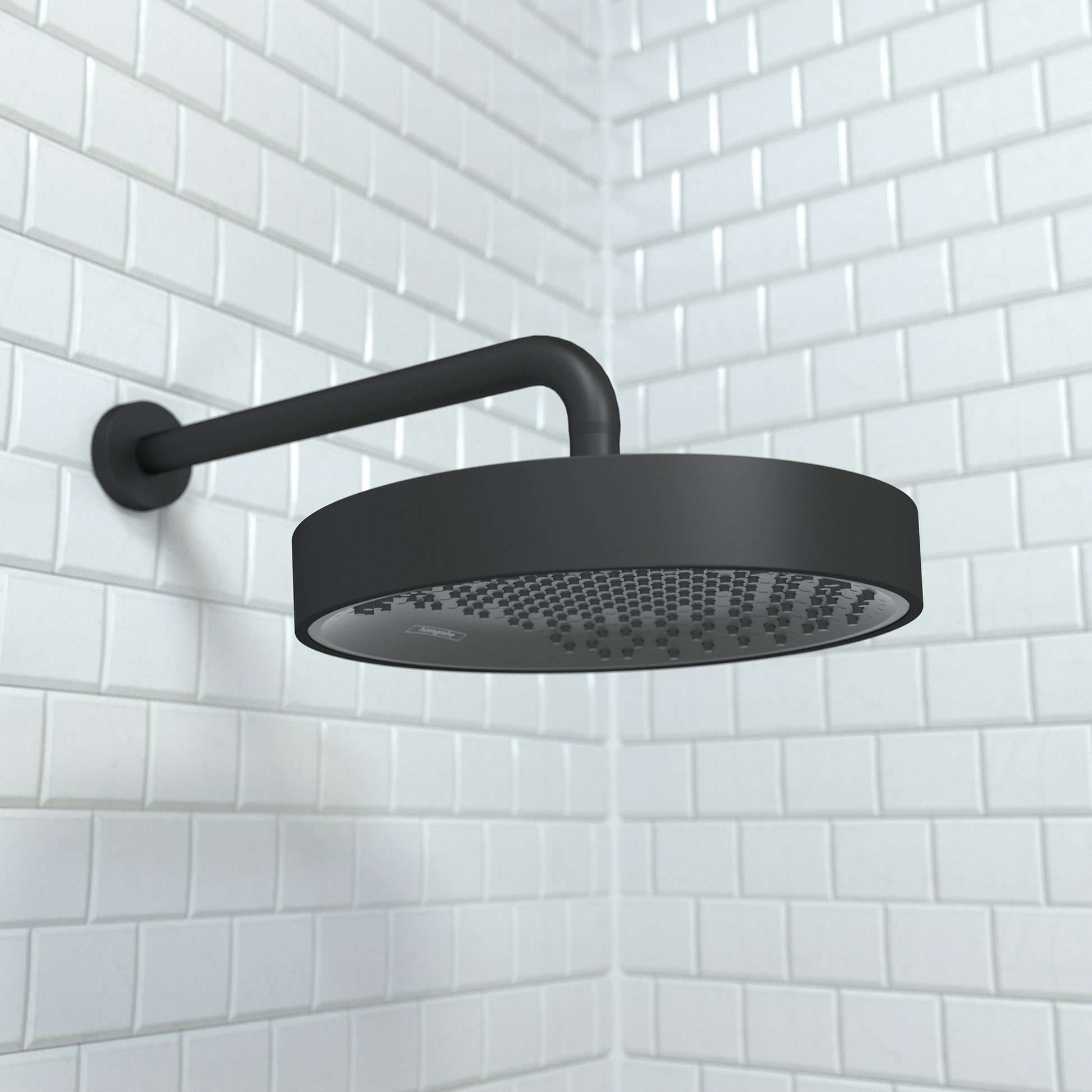 Matte black round rainfall shower head with curved wall-mounted arm against white subway tile.