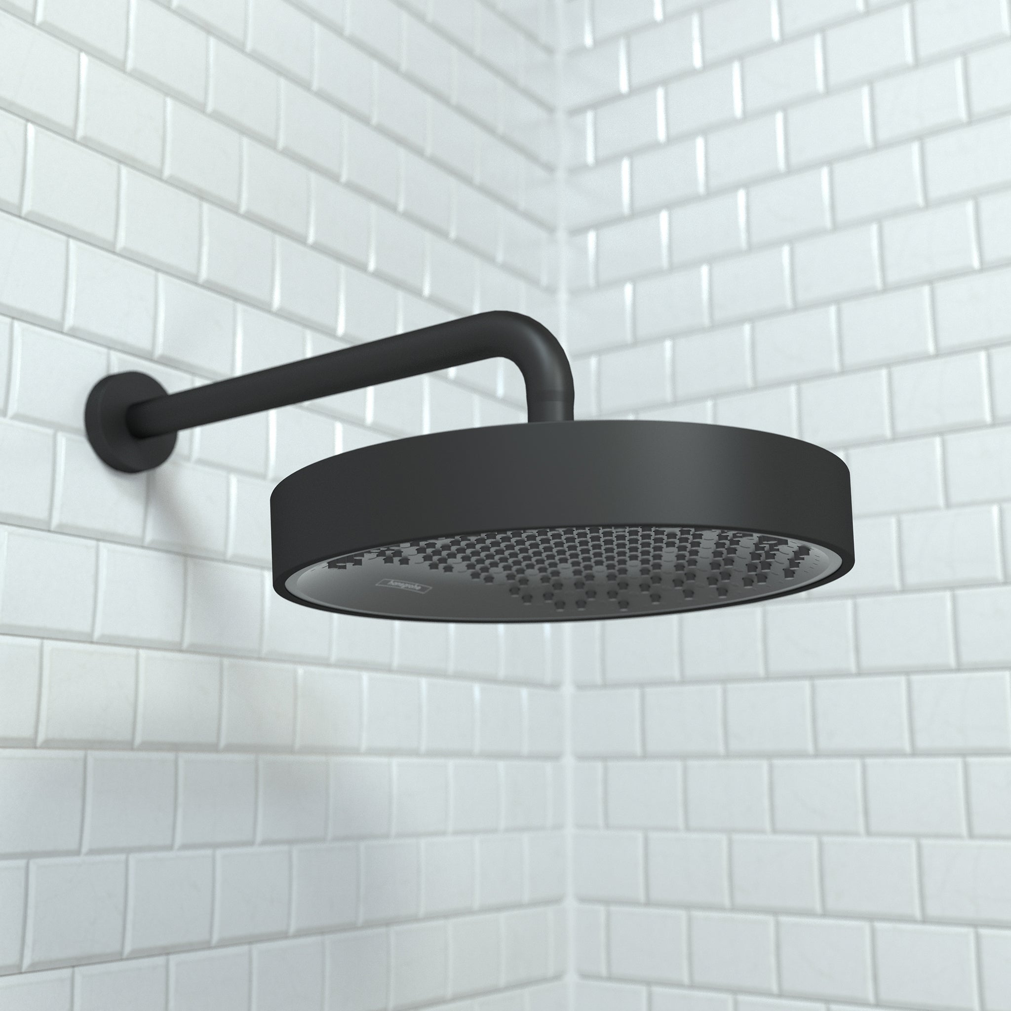 Matte black round rainfall shower head with curved wall-mounted arm against white subway tile.