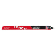 Red and black Milwaukee TORCH reciprocating saw blade with carbide teeth and metal shank.