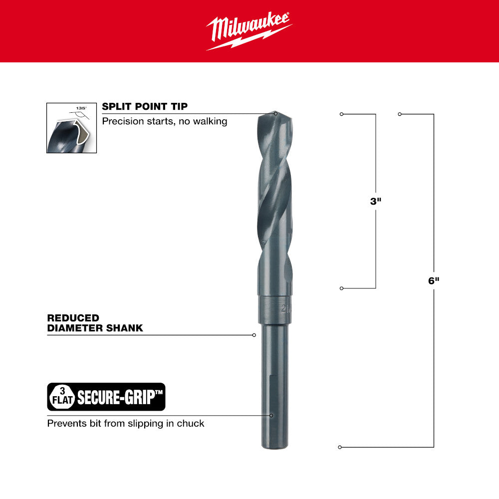 Black oxide drill bit with split point tip, reduced diameter shank, and secure-grip flat design.