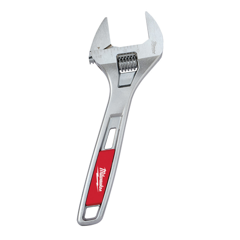 Silver adjustable wrench with wide jaw, adjustment screw, and red grip section marked with Milwaukee branding.