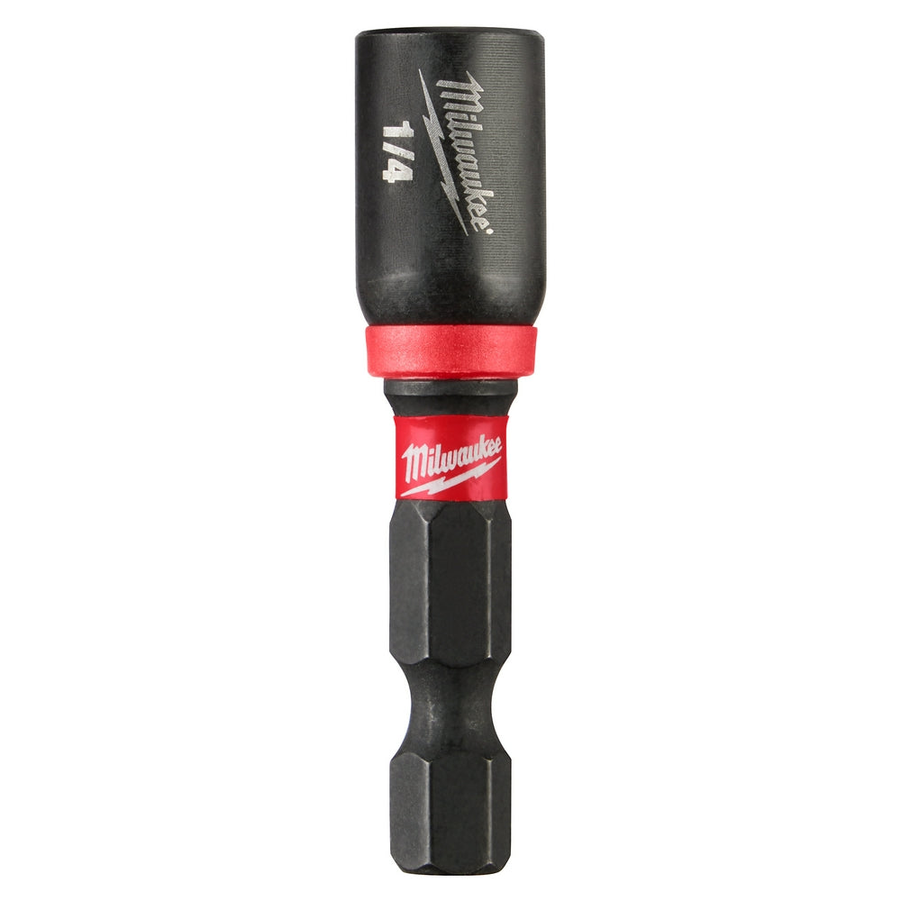 Milwaukee Shockwave 1/4" magnetic nut driver with black and red bit holder and black hexagonal socket.