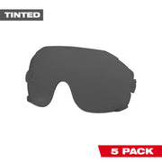 Dark tinted visor lens with curved shape and side attachment points for eye protection.