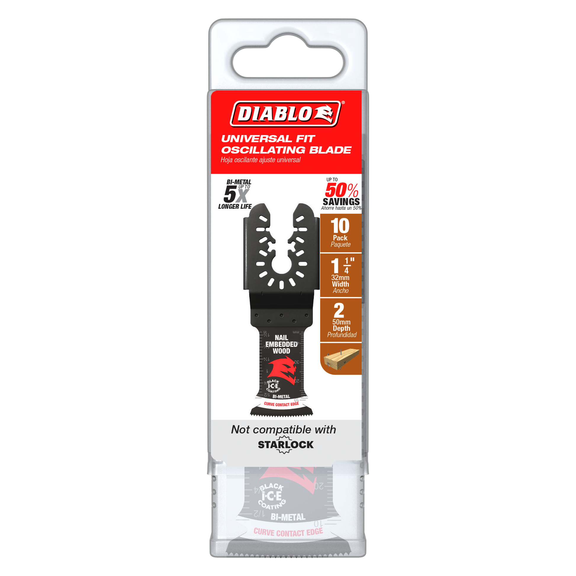 Ten-pack of 1-1/4 inch black bi-metal oscillating saw blades with serrated edges for cutting nail-embedded wood.
