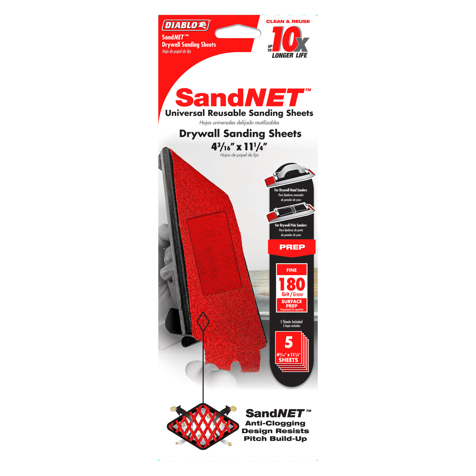 Diablo SandNET red drywall sanding sheets, 4-3/16 x 11-1/4 inches, 180-grit, pack of five with reusable mesh design.