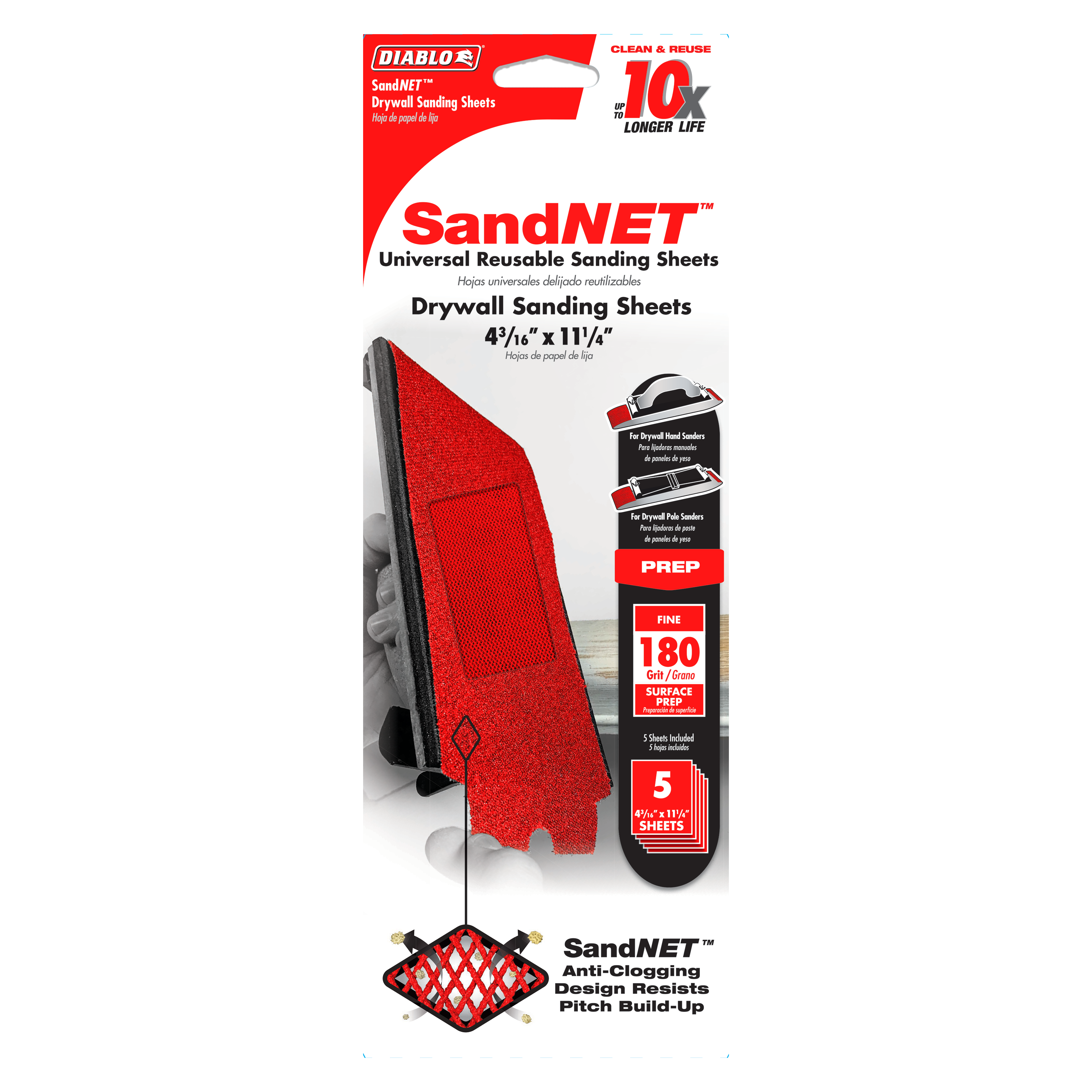 Diablo SandNET red drywall sanding sheets, 4-3/16 x 11-1/4 inches, 180-grit, pack of five with reusable mesh design.