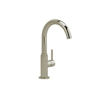 Polished nickel kitchen faucet with curved C-spout and single lever handle on cylindrical base.