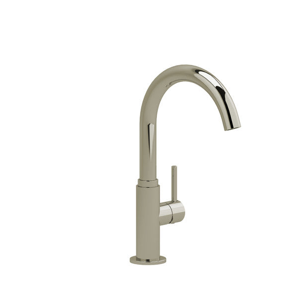 Polished nickel kitchen faucet with curved C-spout and single lever handle on cylindrical base.