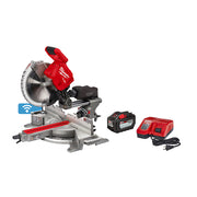 Red and gray Milwaukee miter saw with sliding arm, carbide blade, battery, and charger included in kit.