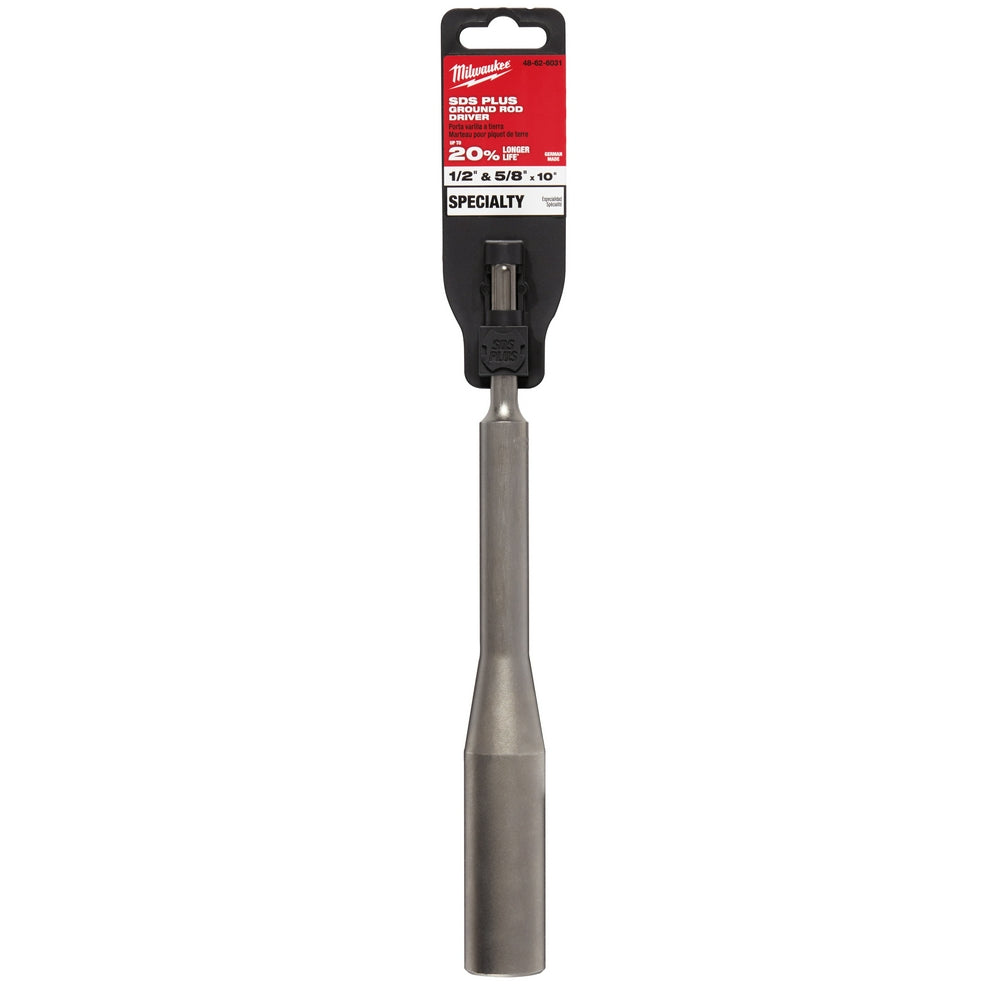 Milwaukee SDS+ ground rod driver with black plastic head and gray metal shaft.