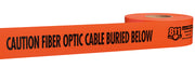 Orange warning tape roll with black text reading "CAUTION FIBER OPTIC CABLE BURIED BELOW" and manufacturer logo.