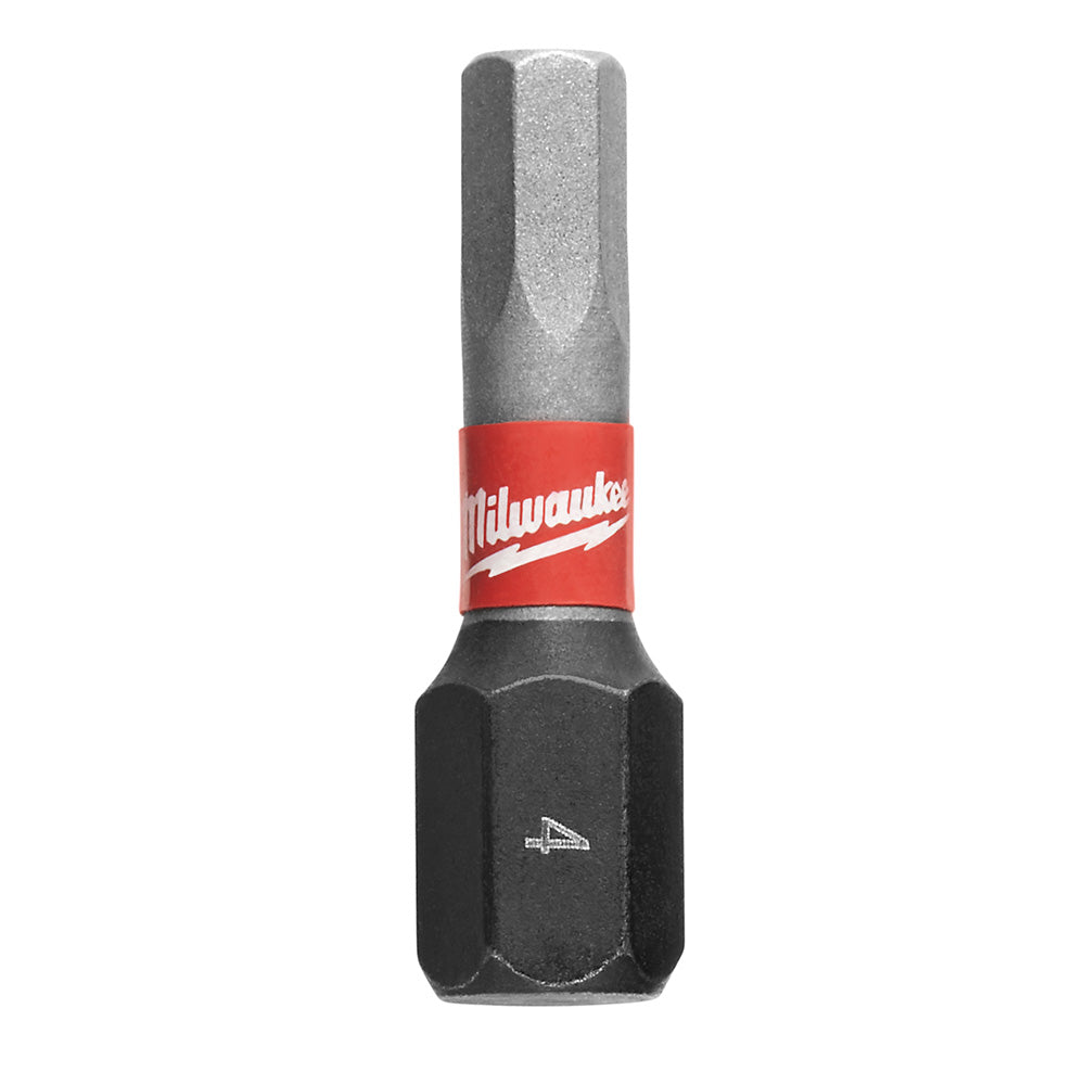 Black and gray Milwaukee Shockwave impact hex insert bit with red band and white logo.