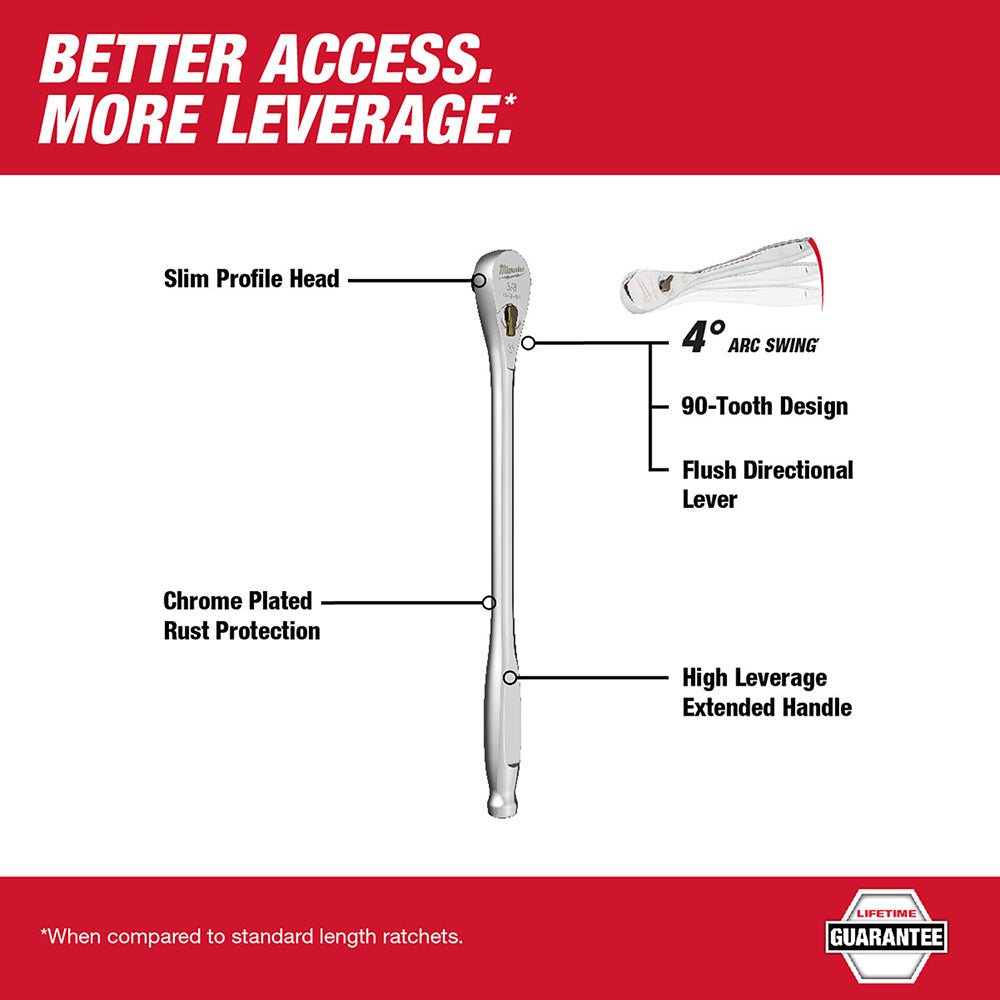 Chrome-plated 3/8" drive ratchet with slim profile head, 4° arc swing, and extended handle for leverage.