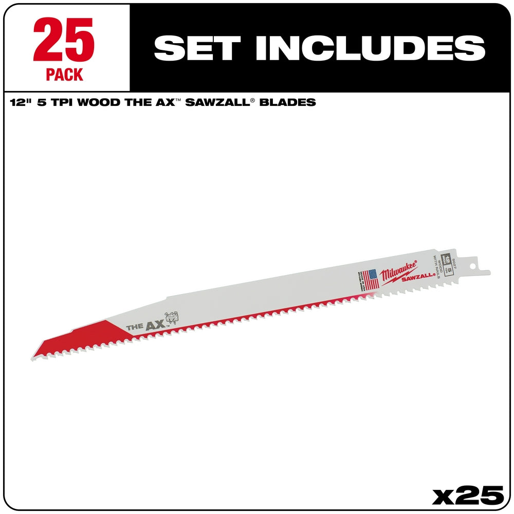 Milwaukee 12-inch SAWZALL blade with 5 TPI teeth, red and gray coloring, shown at angle.