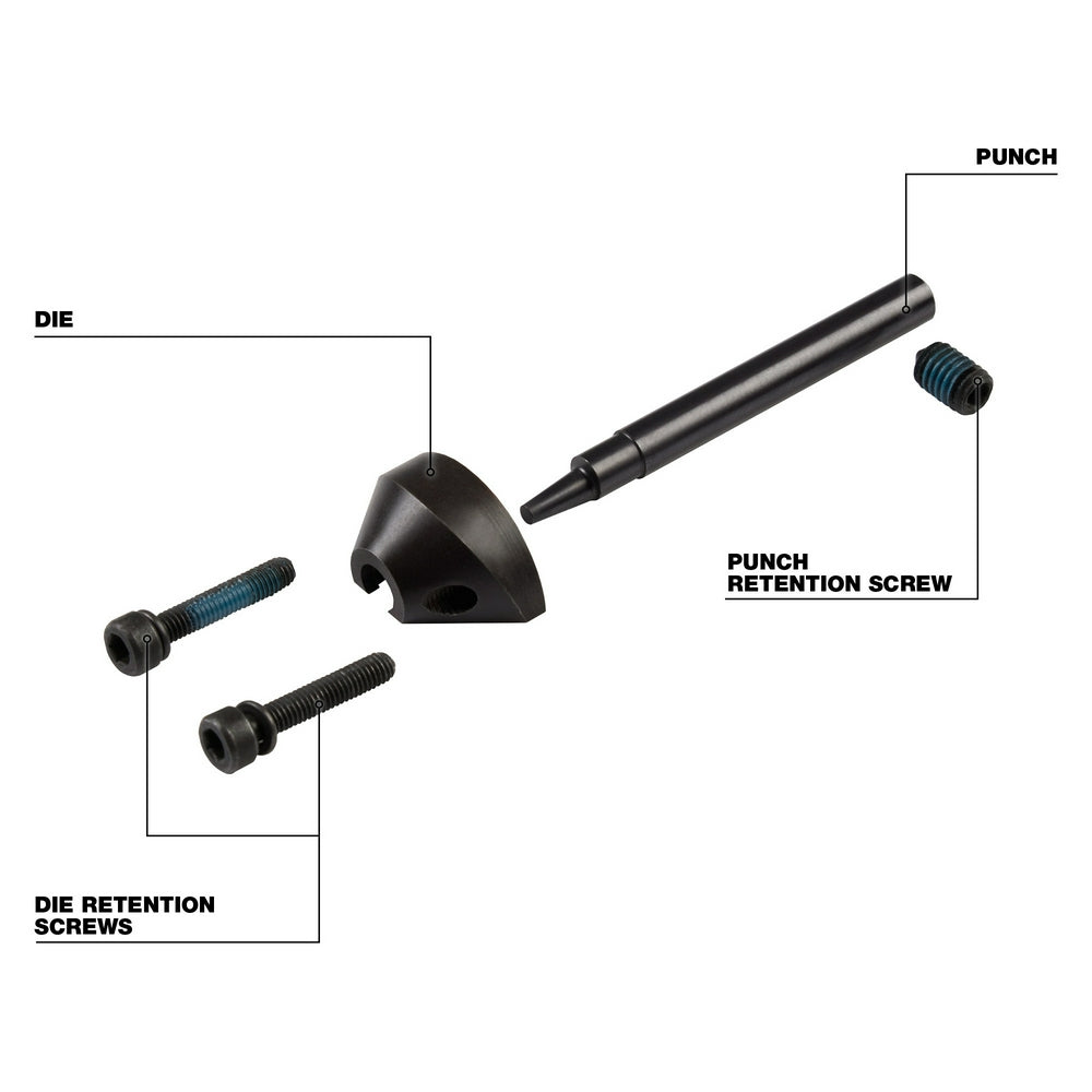 Black metal punch and die set with two retention screws and one punch retention screw for 16 gauge nibbler tool.