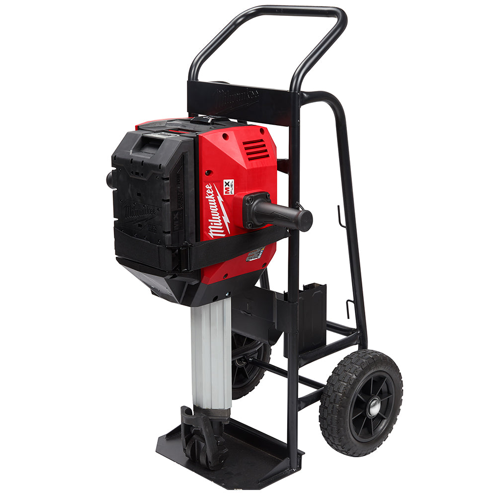 Red and black Milwaukee breaker cart with handle, wheels, and pneumatic hammer attachment on mobile frame.