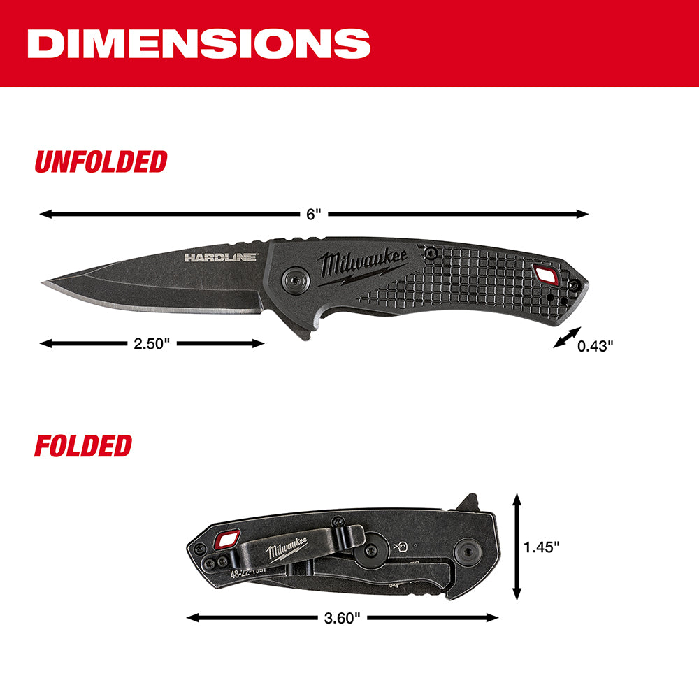Milwaukee Hardline pocket knife with 2.5" black blade, shown unfolded at 6" length and folded at 3.6" length.