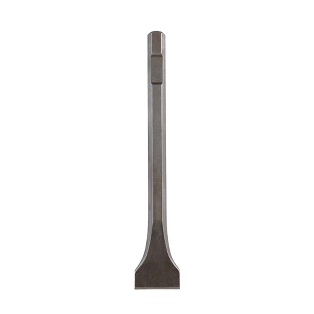 Gray metal scaling chisel with flat blade end and cylindrical shaft for striking.
