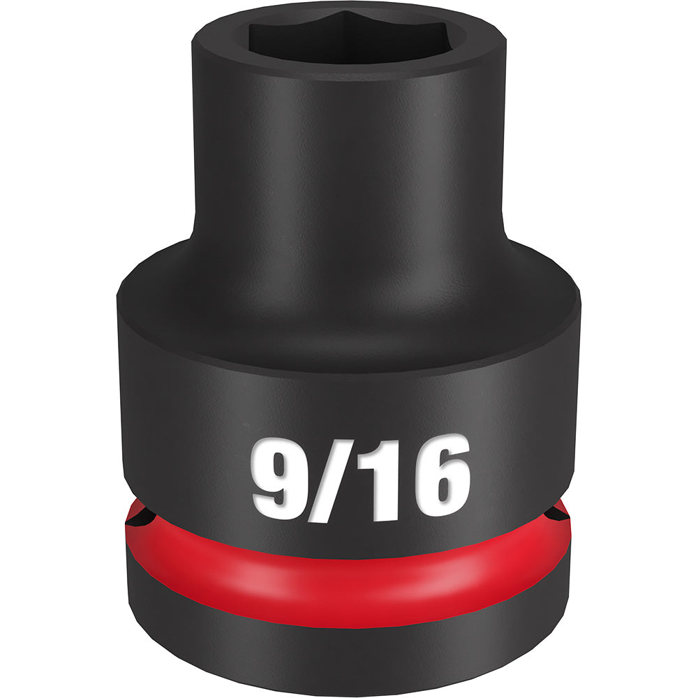 Black impact socket with 9/16" size marking and red band, featuring hexagonal opening for 3/4" drive.