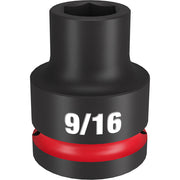 Black impact socket with 9/16" size marking and red band, featuring hexagonal opening for 3/4" drive.