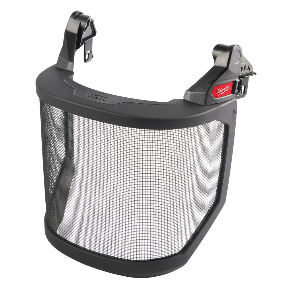 Black full face shield with metal mesh screen and dual mounting clips for safety helmet attachment.