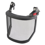 Black full face shield with metal mesh screen and dual mounting clips for safety helmet attachment.