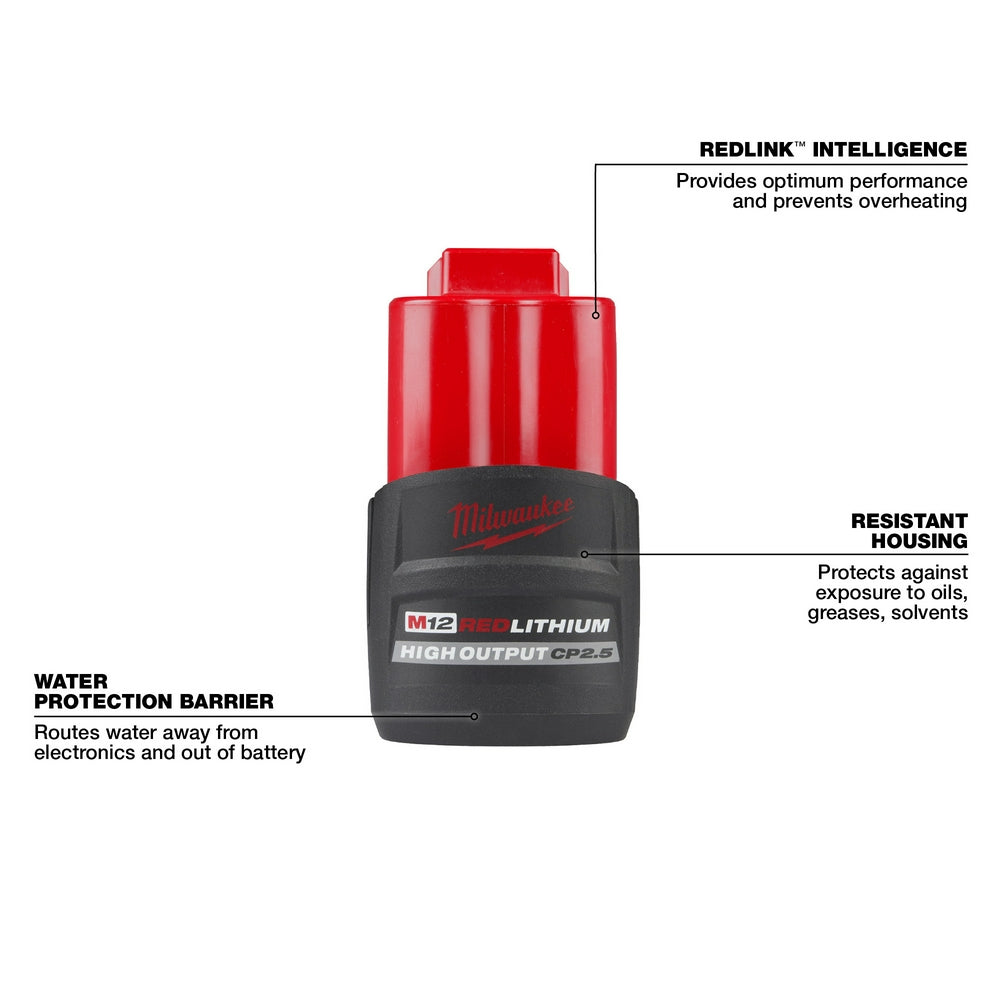 Milwaukee M12 REDLITHIUM HIGH OUTPUT CP2.5 battery pack with red top and black housing, labeled with REDLINK Intelligence, re