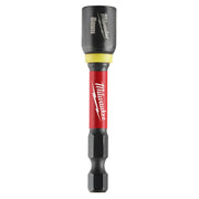 Milwaukee Shockwave magnetic nut driver with black socket head, yellow collar, red shaft, and black hex bit end.