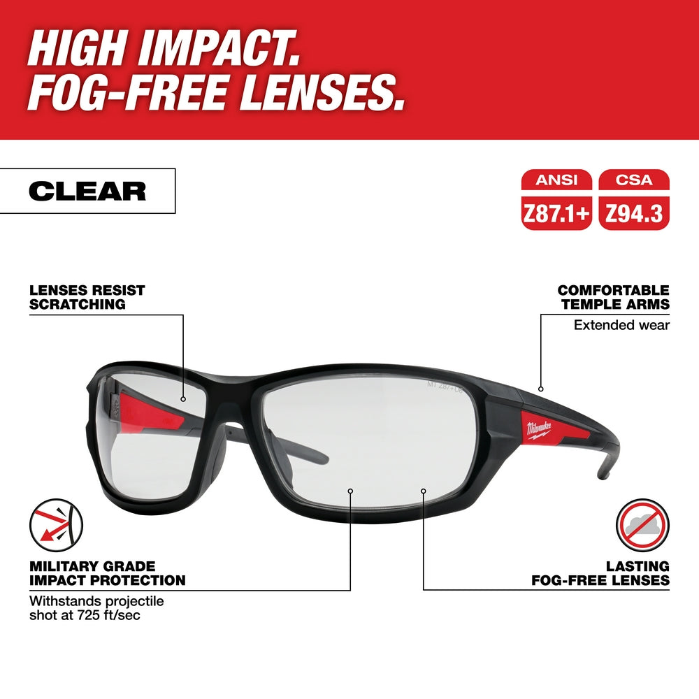 Clear safety glasses with black frames, red temple accents, and scratch-resistant lenses.