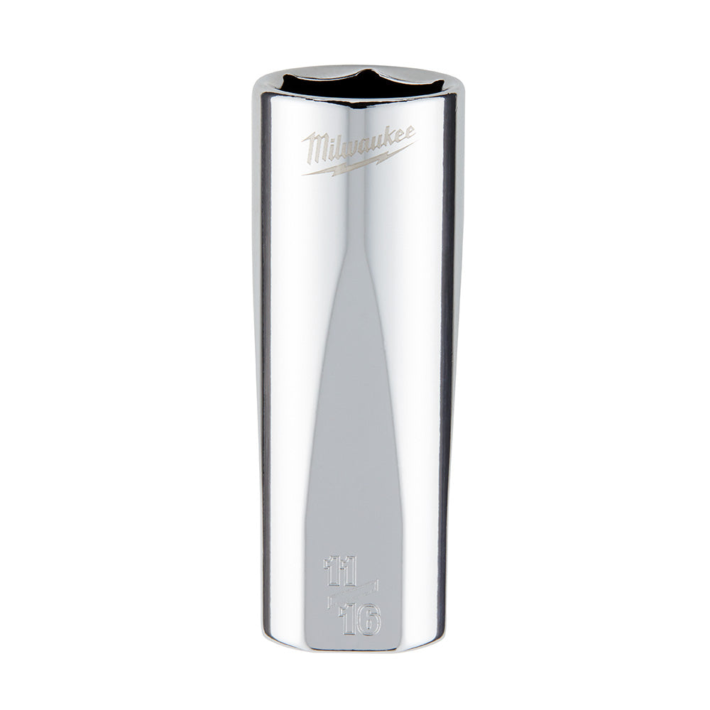 Milwaukee chrome 3/8 in. drive 11/16 in. SAE 6-point deep socket with engraved markings.