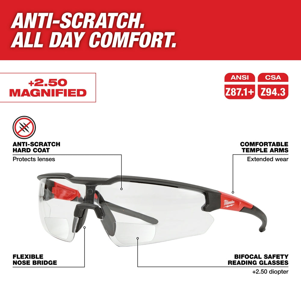 Milwaukee safety glasses with +2.50 magnified clear lenses, black and red frame, flexible nose bridge, and comfortable temple